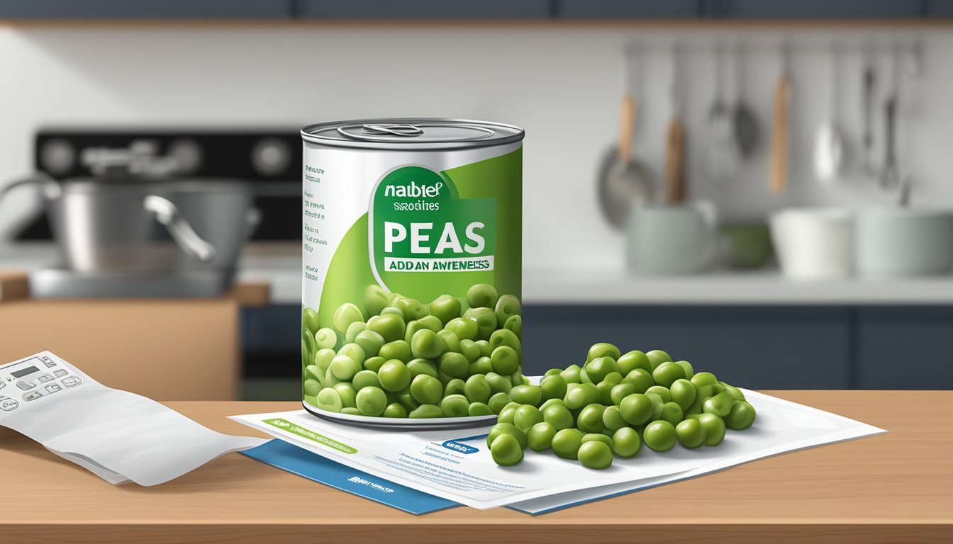 A can of peas with a visible "added sodium" label next to a diabetes awareness pamphlet on a kitchen counter