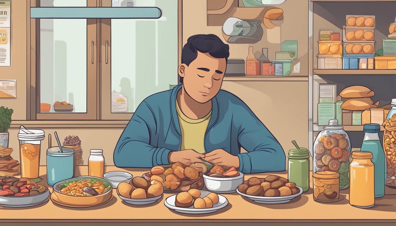 A person with diabetes sitting at a table, surrounded by a variety of food items including a donut, while looking at a nutrition label and contemplating their food choices