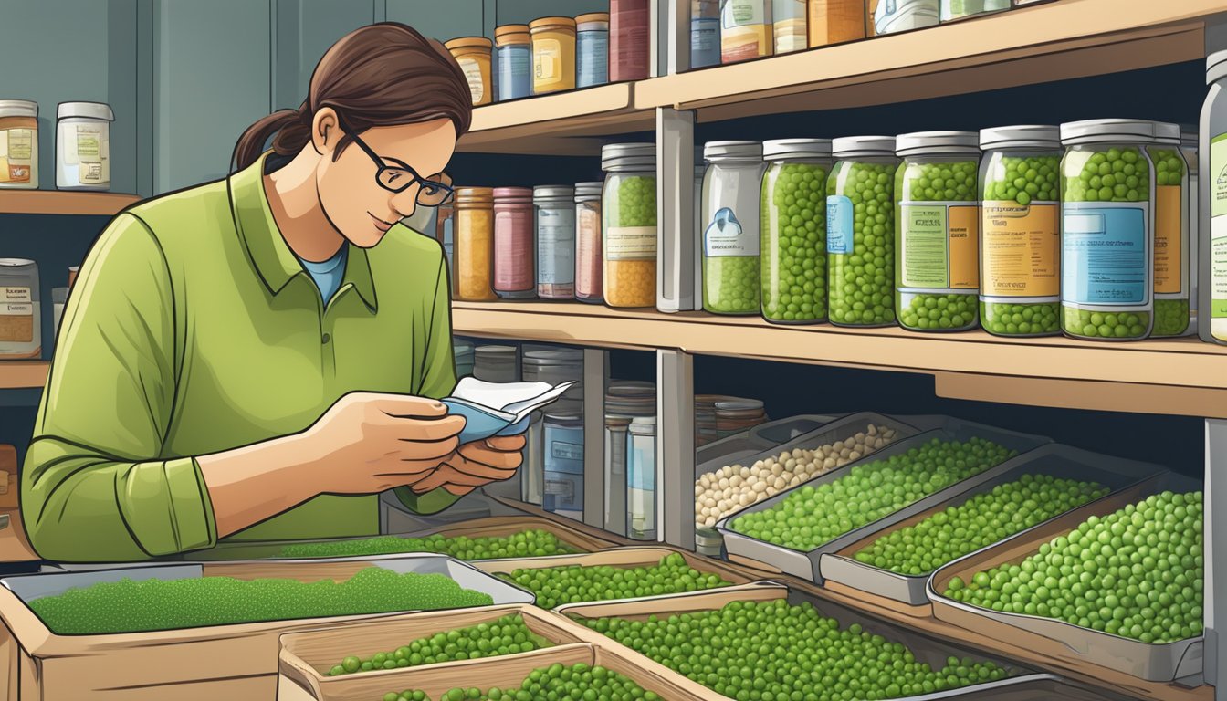 A person with diabetes examines a variety of peas, including canned peas with added sodium, while reading nutrition labels