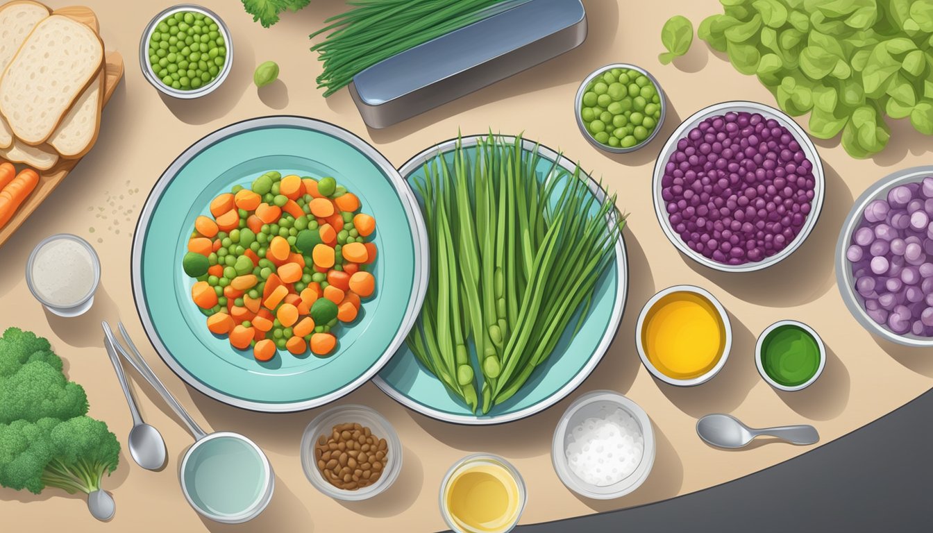 A colorful plate with a variety of fresh vegetables, including canned peas with added sodium, next to a balanced meal