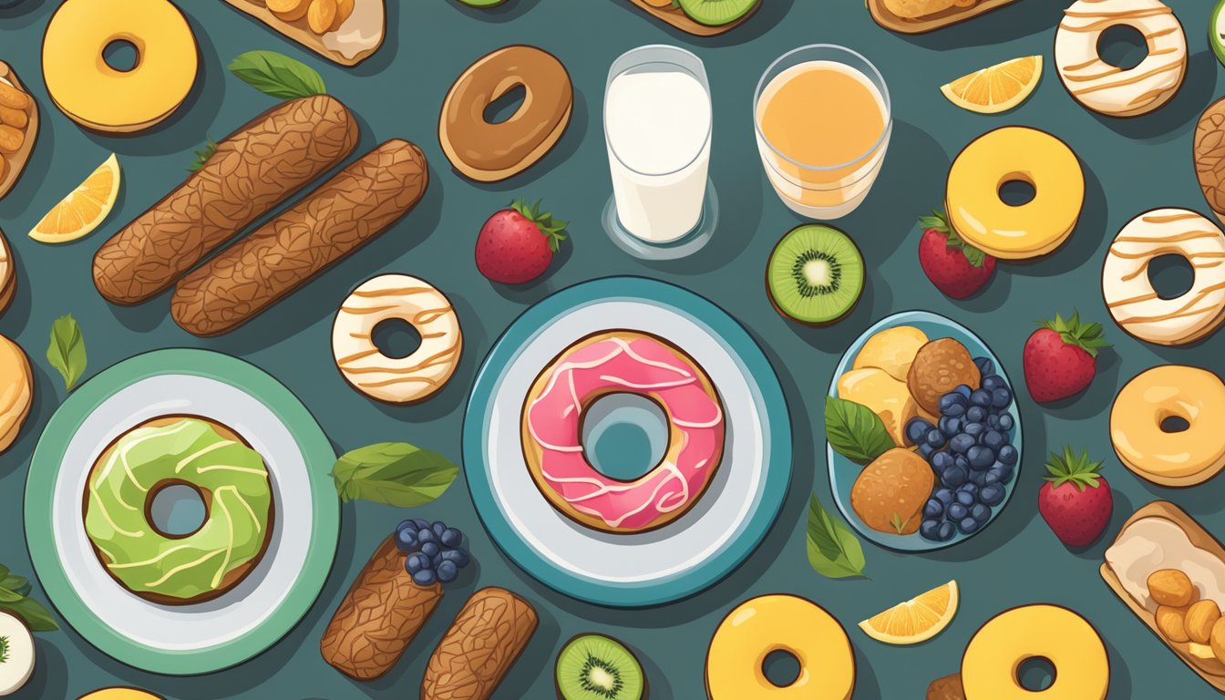 A table with a plate of donuts next to a spread of healthy alternatives like fruits, nuts, and yogurt