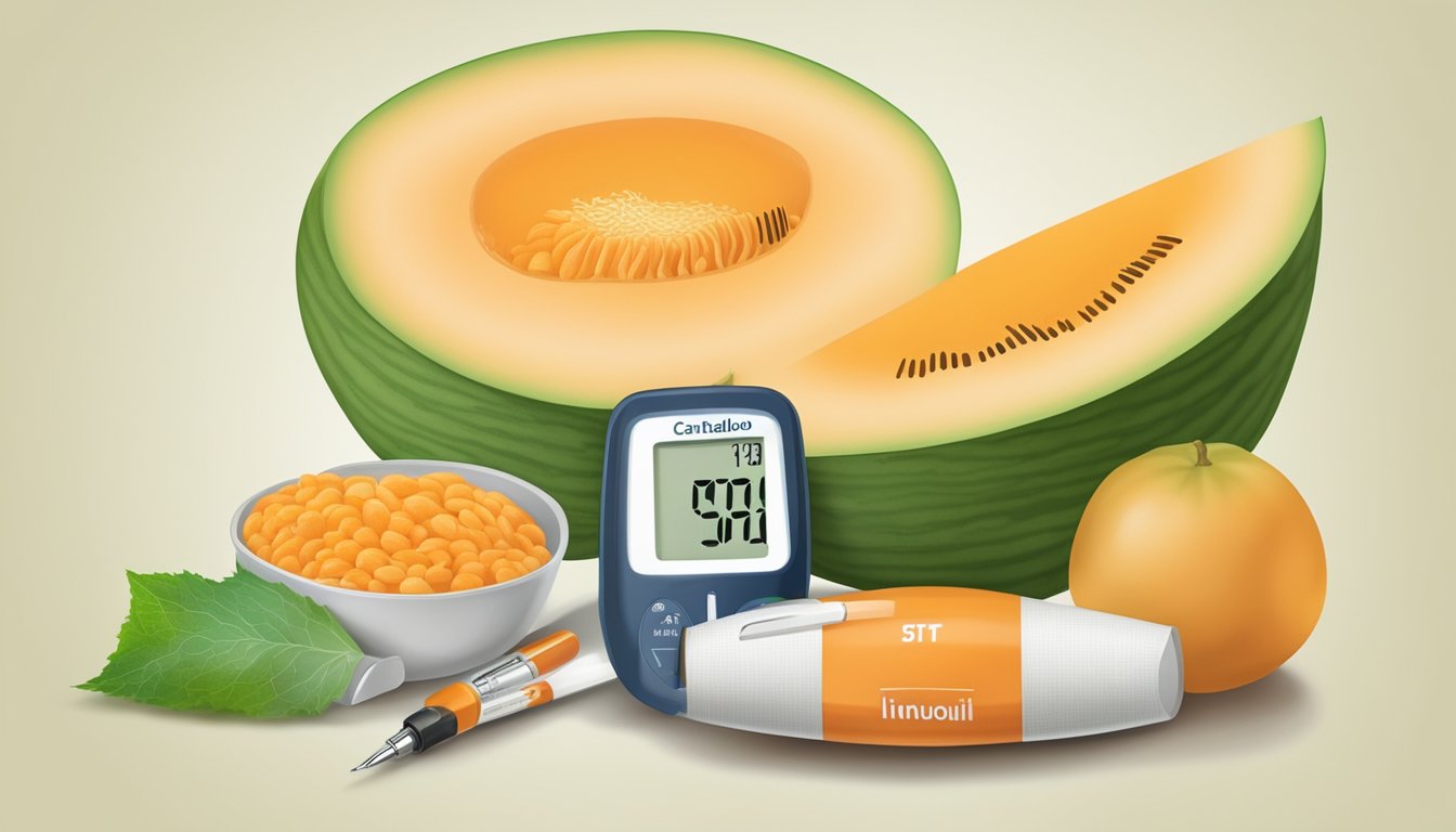 A cantaloupe with a nutritional label, surrounded by a blood glucose monitor and insulin pen