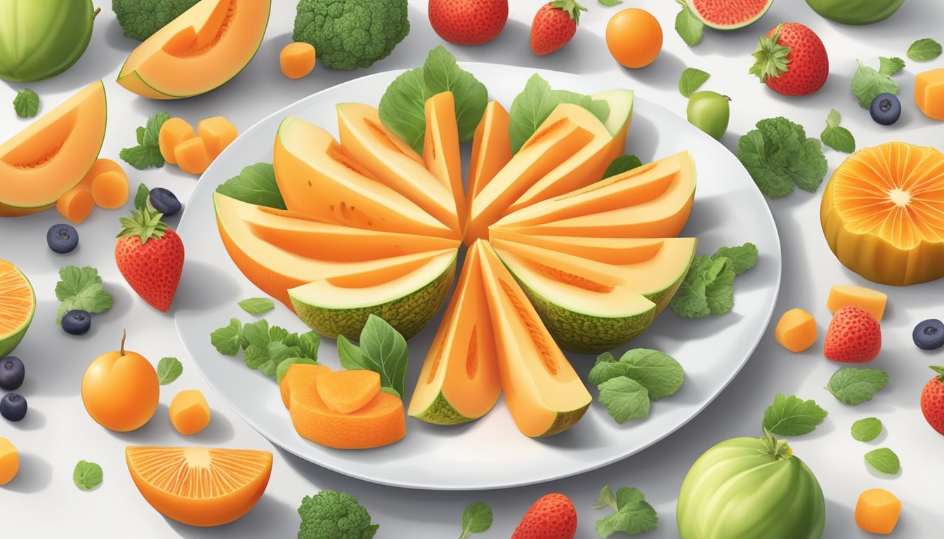 A colorful array of fresh cantaloupe slices arranged on a white plate, surrounded by other diabetic-friendly fruits and vegetables