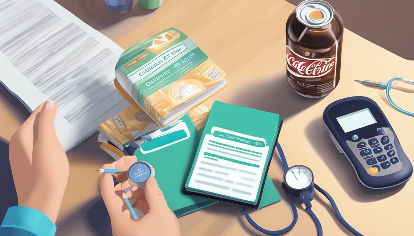 A person holding a can of caffeine-free diet soda next to a diabetes education book and a blood glucose monitor