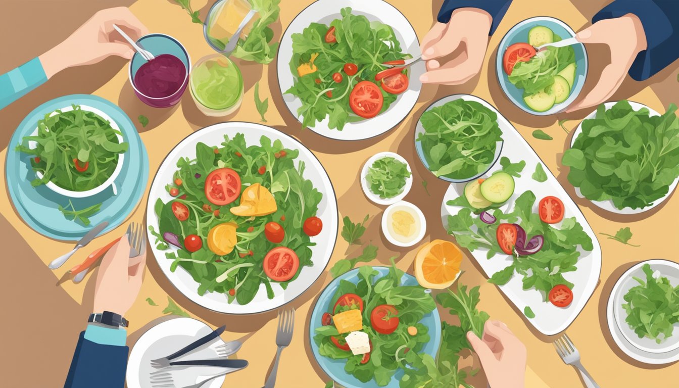 A person with diabetes happily eating a plate of fresh arugula salad, surrounded by various healthy food options