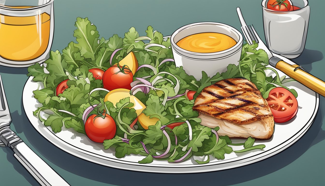 A colorful plate with a variety of diabetic-friendly foods, including a salad with arugula, tomatoes, and grilled chicken