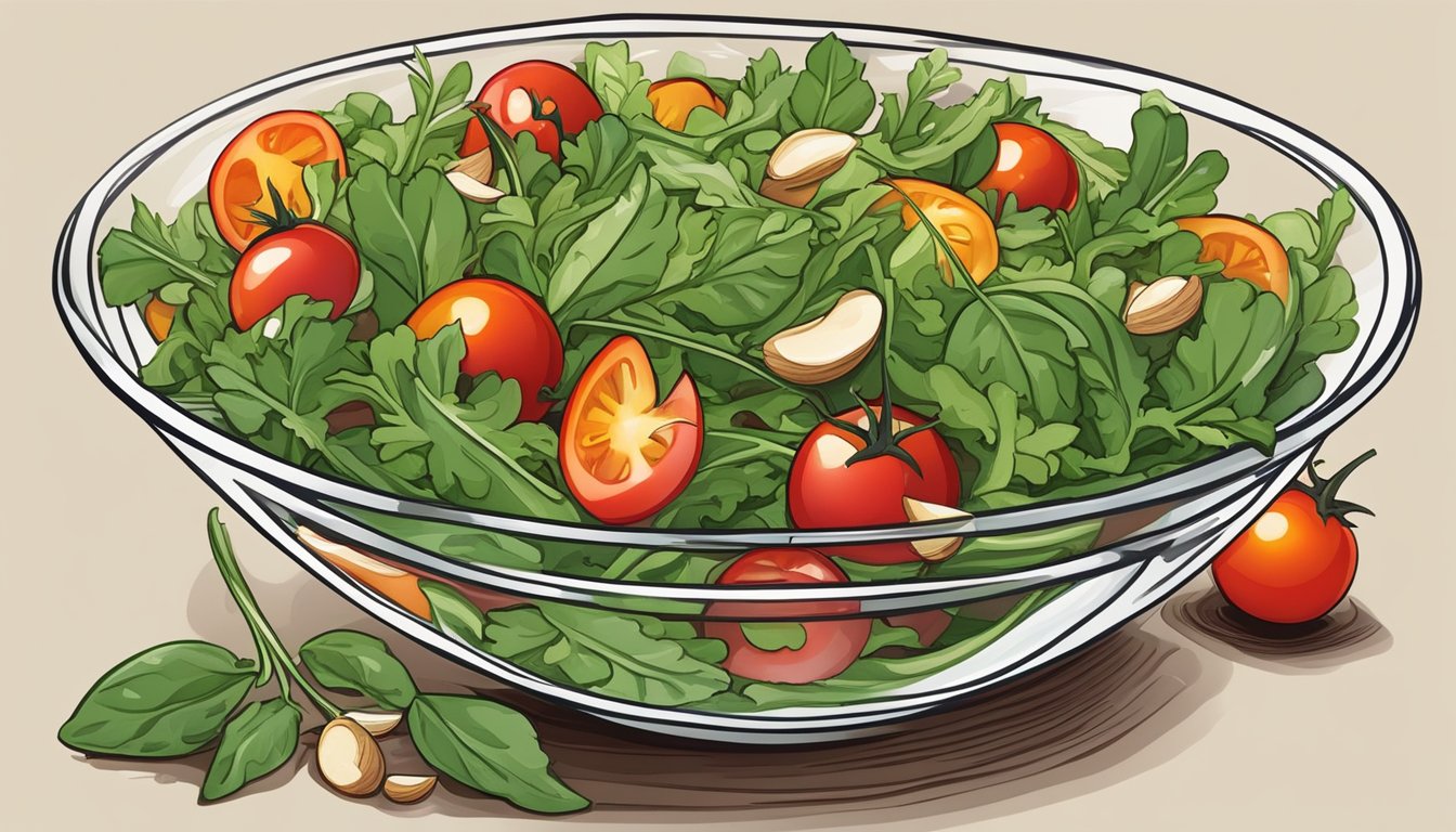 A colorful salad bowl filled with fresh arugula, cherry tomatoes, and sliced almonds, with a drizzle of balsamic vinaigrette