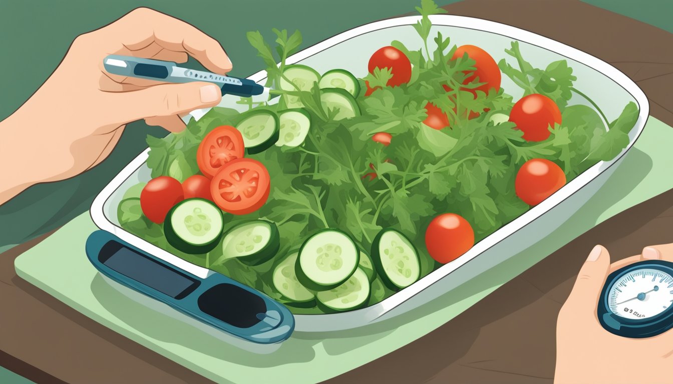 A person with diabetes enjoying a salad with arugula, tomatoes, and cucumbers, while monitoring their blood sugar levels with a glucose meter