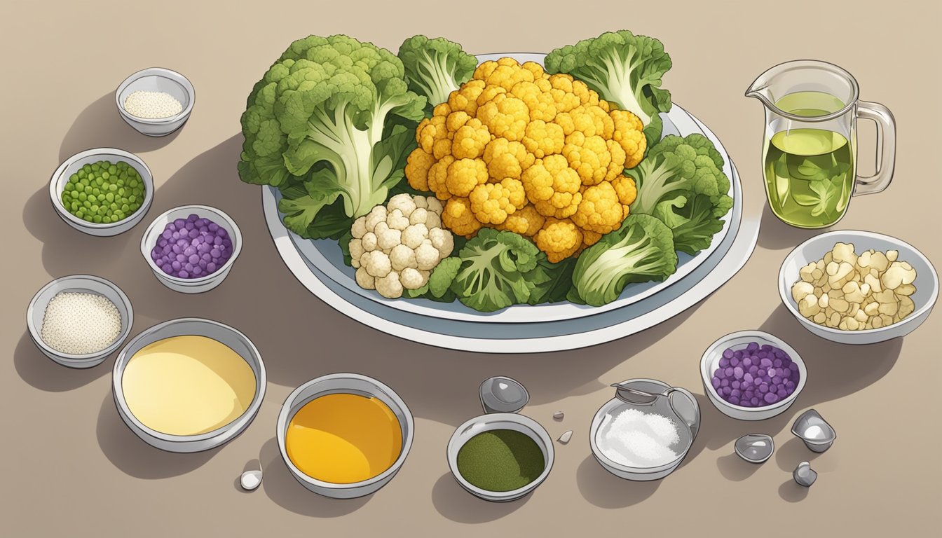 A plate of roasted cauliflower surrounded by measuring cups of various nutrients