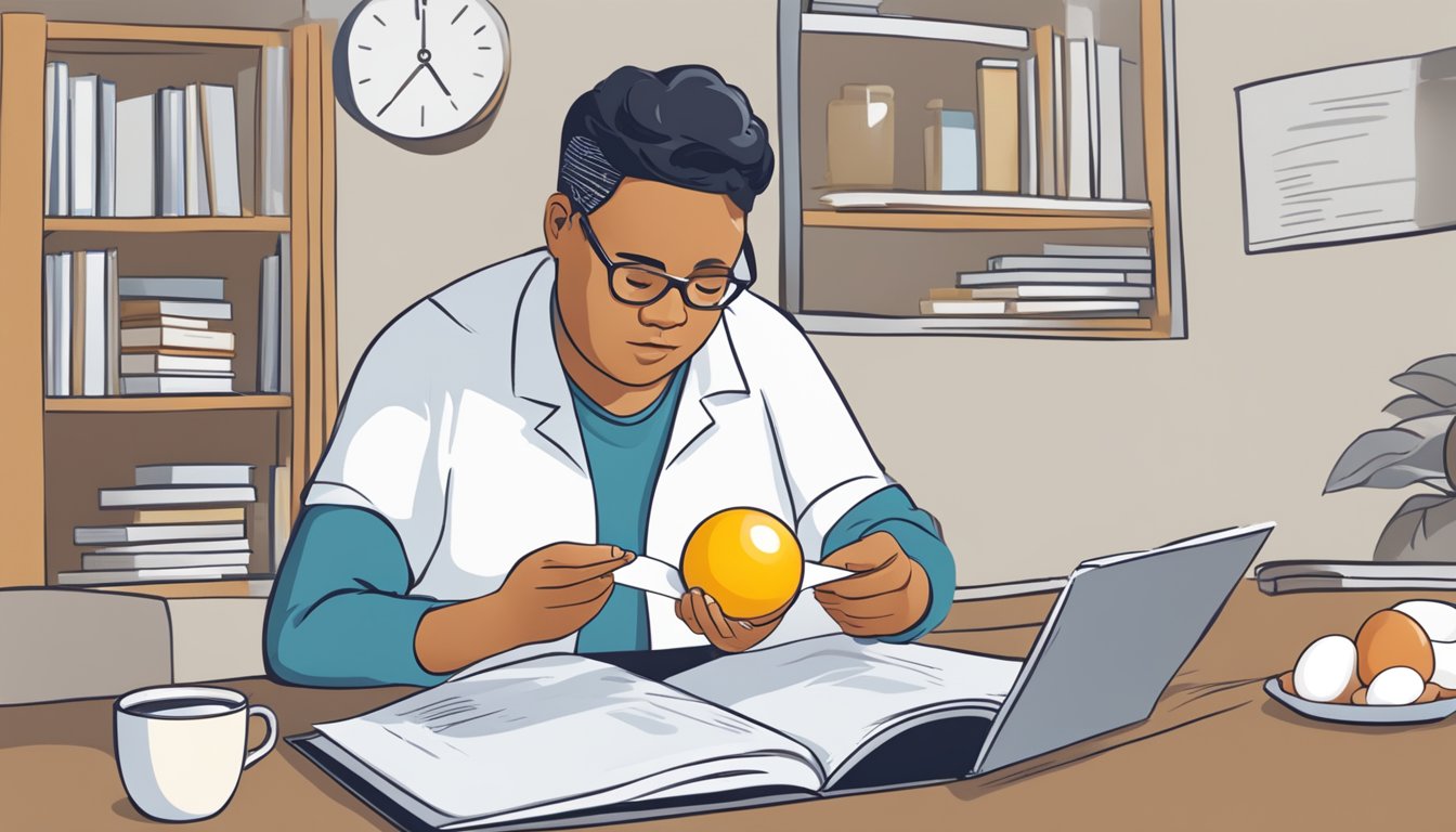 A person with diabetes holding an egg and reading a research paper