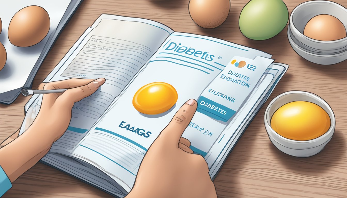 A dietician pointing to a plate of eggs next to a diabetes education pamphlet