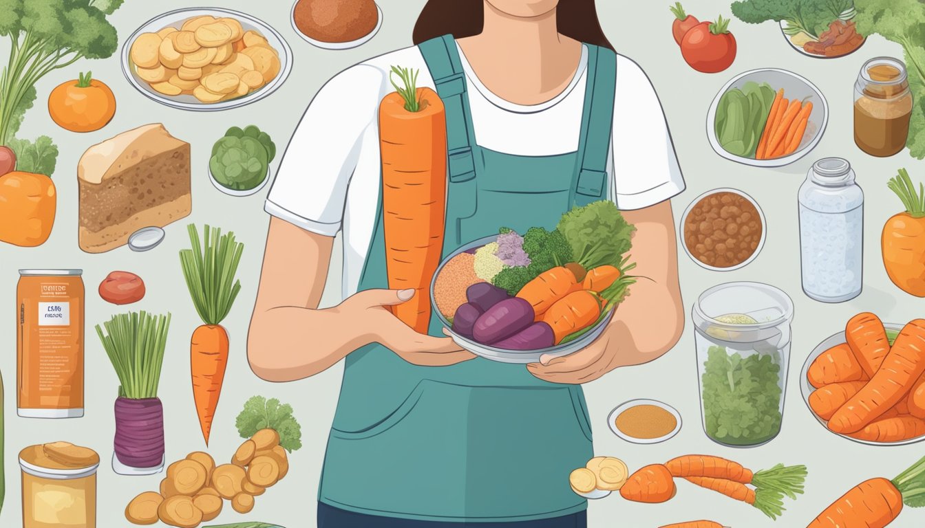 A person with diabetes holding a can of carrots with added sodium, surrounded by various food items and a dietary guide