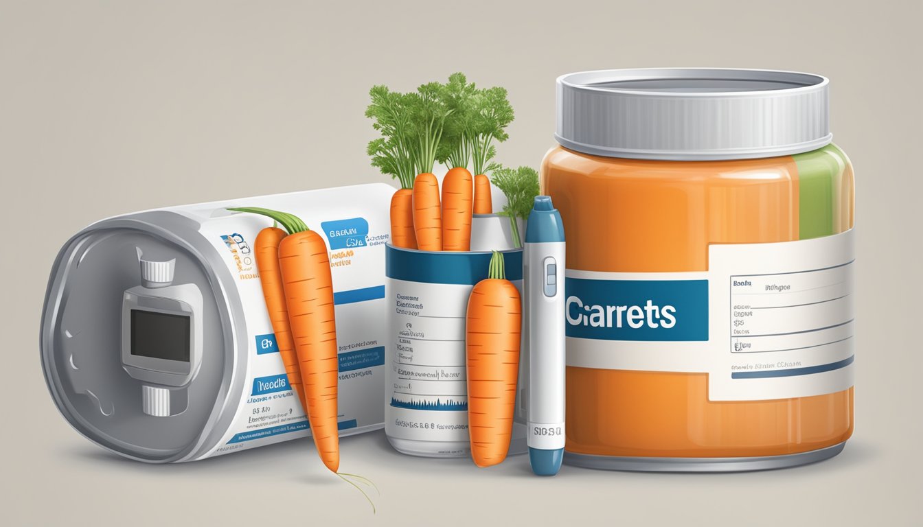 A can of carrots with added sodium next to a diabetes monitoring kit