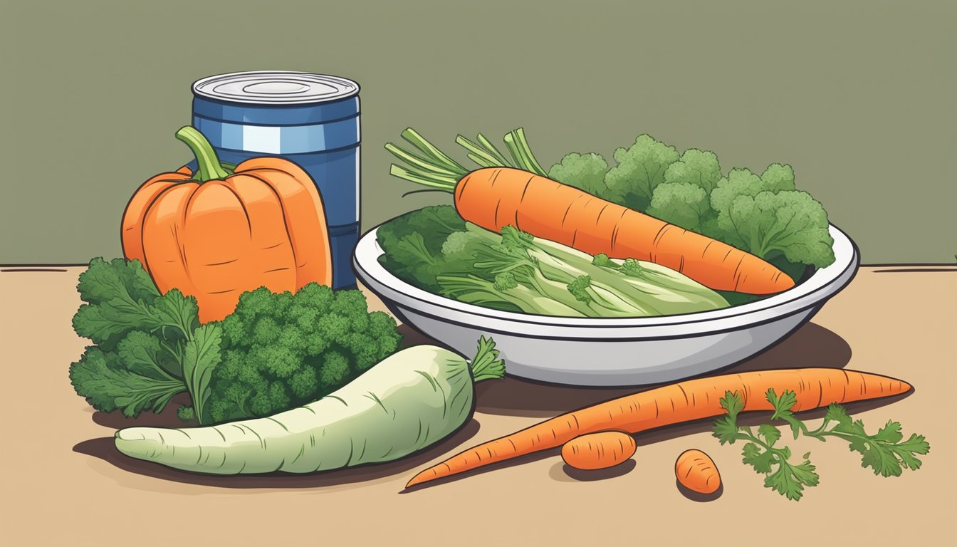 A colorful plate with a variety of fresh vegetables, including carrots, next to a can of carrots with added sodium