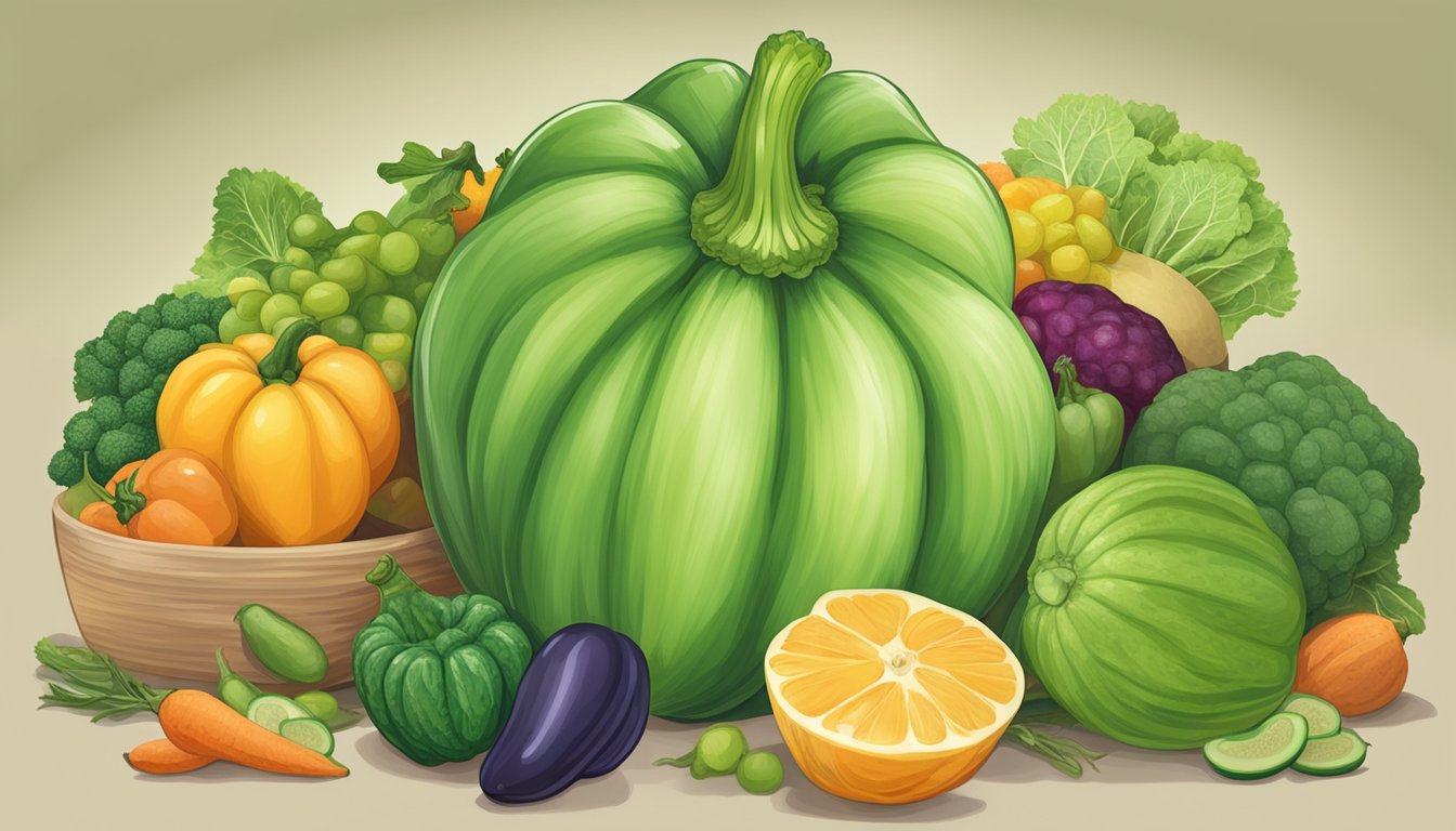 A chayote squash surrounded by a variety of fruits and vegetables, with a nutrition label in the background