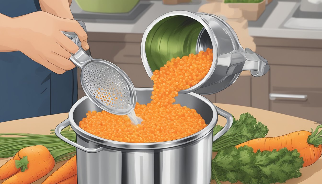 A person pouring canned carrots into a strainer to rinse off excess sodium before adding them to a meal