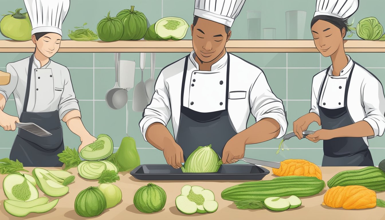 A chef slicing, boiling, and sautéing chayote squash for different dishes