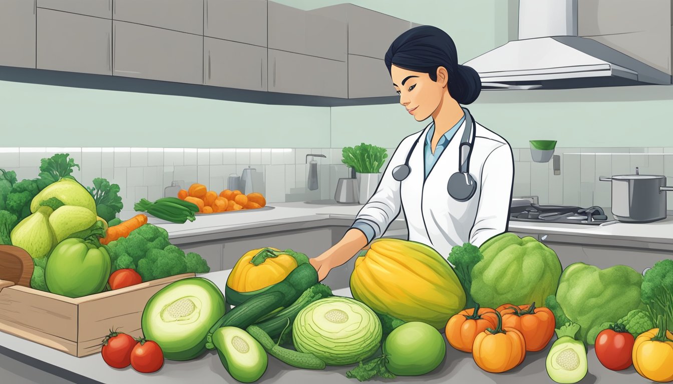 A dietician carefully selecting chayote squash among various vegetables for a diabetic patient's meal plan