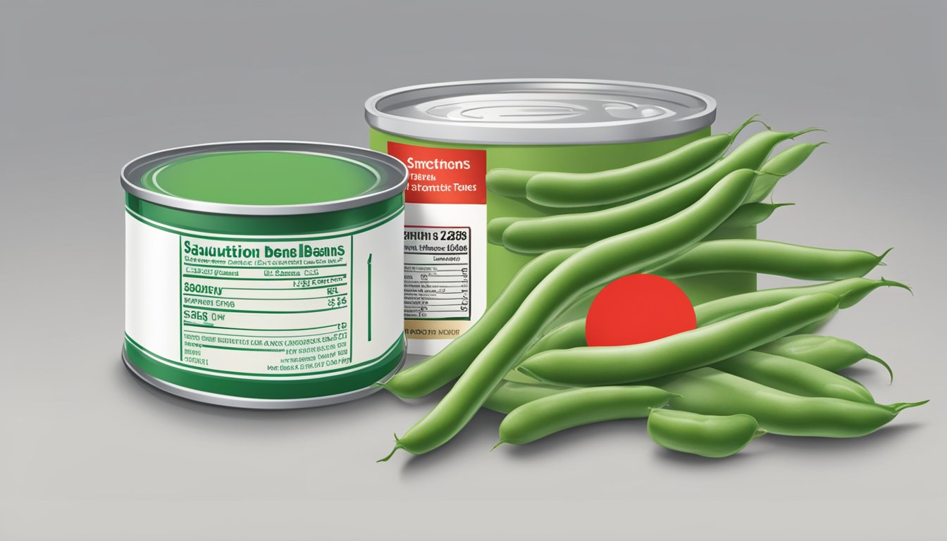 A can of green beans with a nutrition label, a sodium shaker, and a red circle with a line through it to indicate restriction