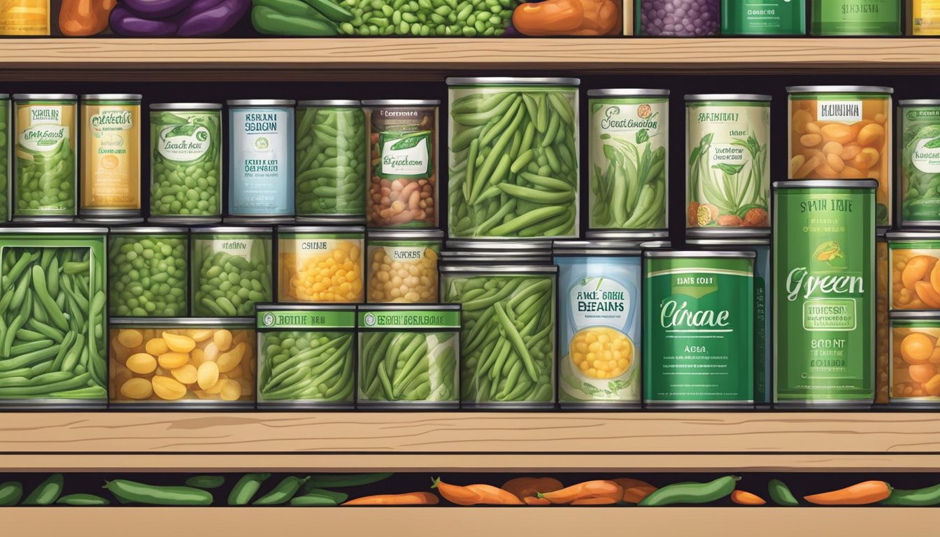 A can of green beans with a label indicating added sodium, surrounded by a variety of other canned vegetables on a pantry shelf