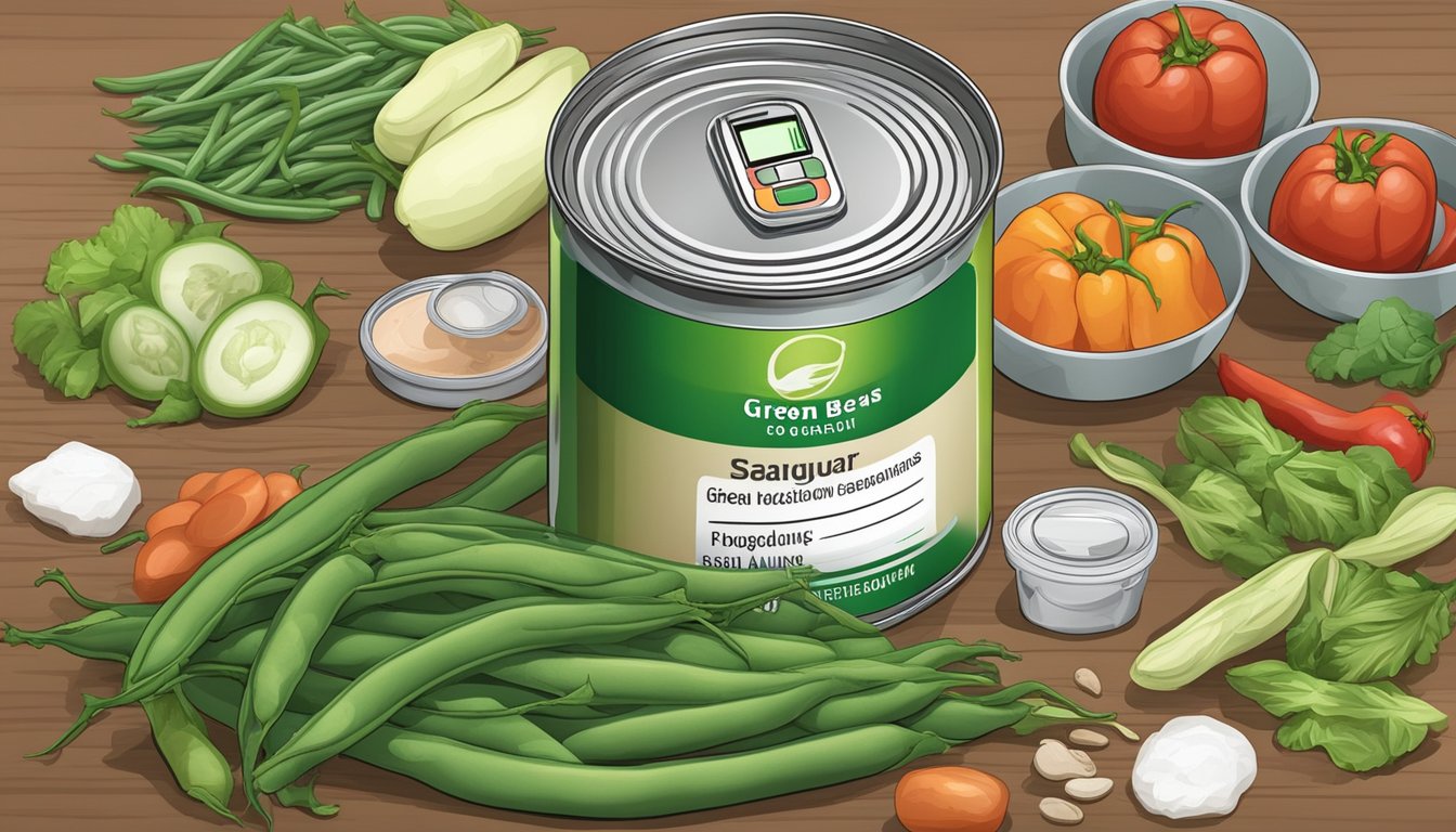 A can of green beans with a prominent "added sodium" label, surrounded by various fresh vegetables and a blood sugar monitoring device