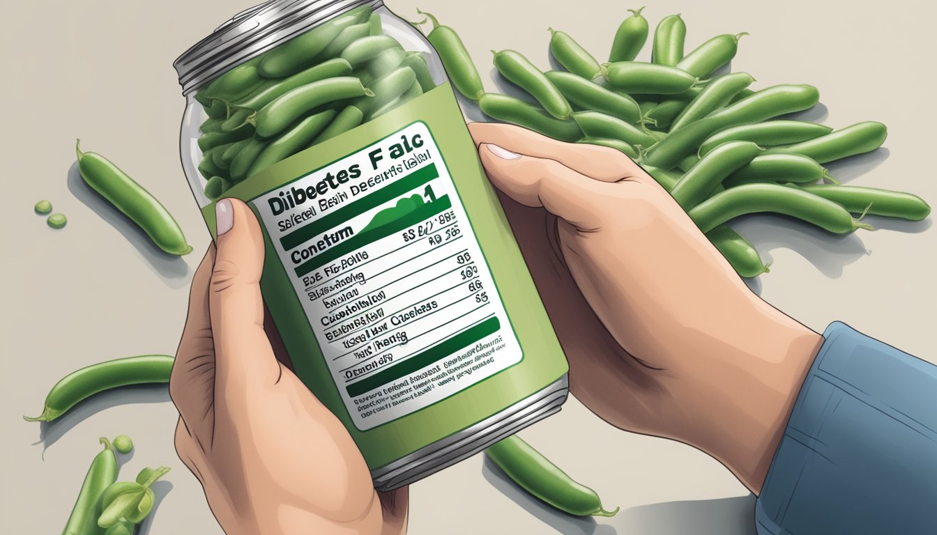 A person with diabetes holding a can of green beans, with a sodium label and a list of potential health benefits beyond diabetes control