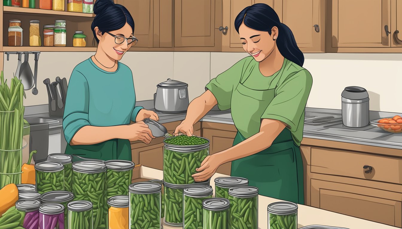 A person opens a pantry filled with canned green beans, a can opener and a pot on the counter