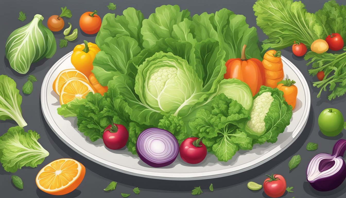 A colorful plate with fresh escarole leaves surrounded by a variety of vegetables and fruits, showcasing its nutritional value