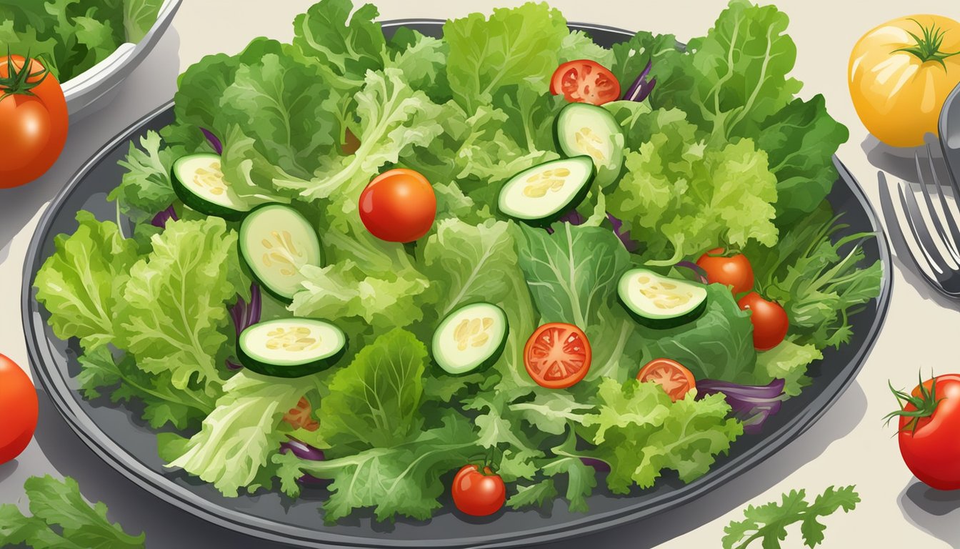 A colorful plate of escarole salad with fresh tomatoes, cucumbers, and a light vinaigrette dressing, surrounded by a variety of other leafy greens and vegetables