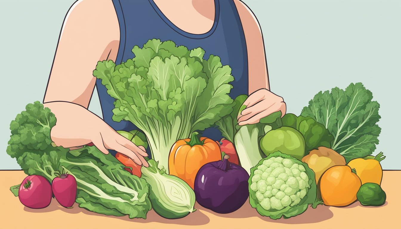 A person with diabetes holding a bunch of escarole alongside various fruits and vegetables, considering their options for intake