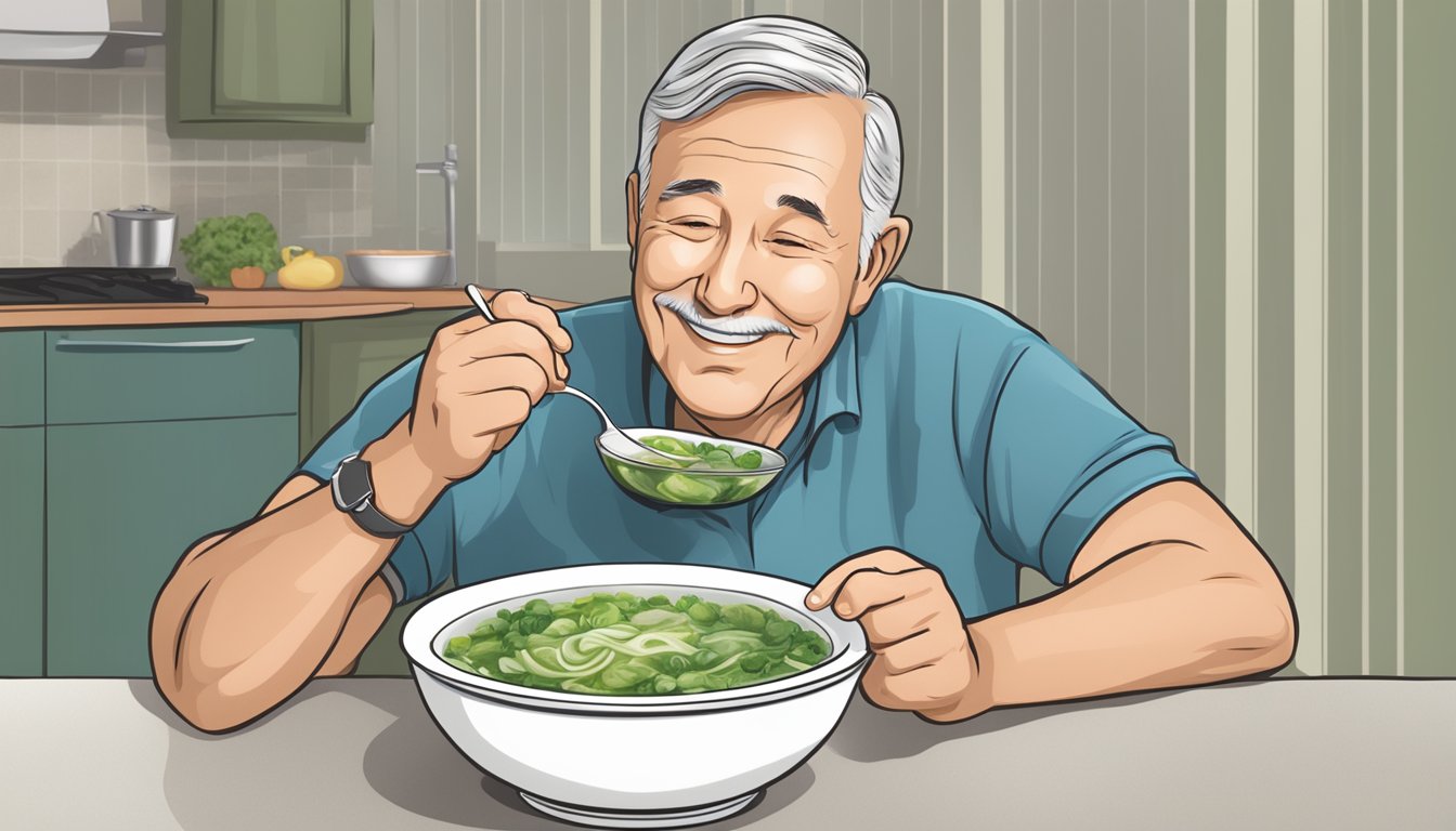 A diabetic person enjoying a bowl of escarole soup with a satisfied expression