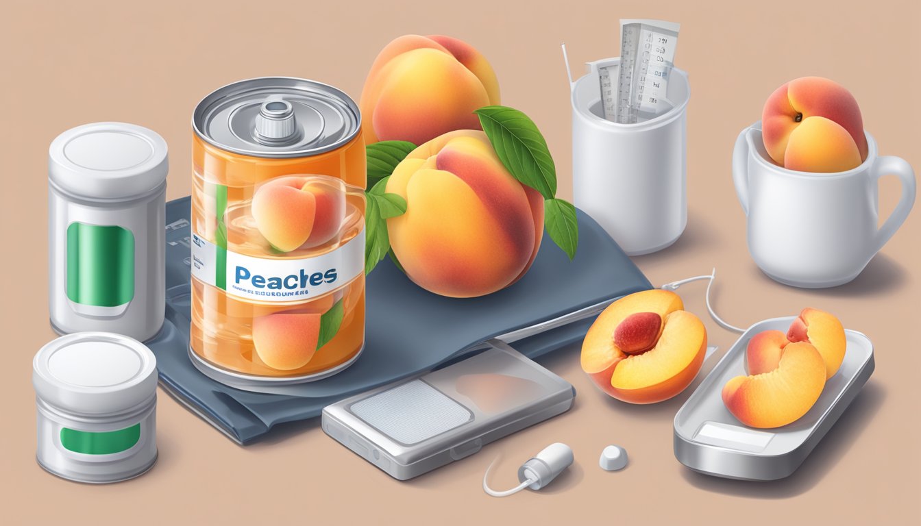 A can of peaches in syrup next to a diabetes monitoring kit