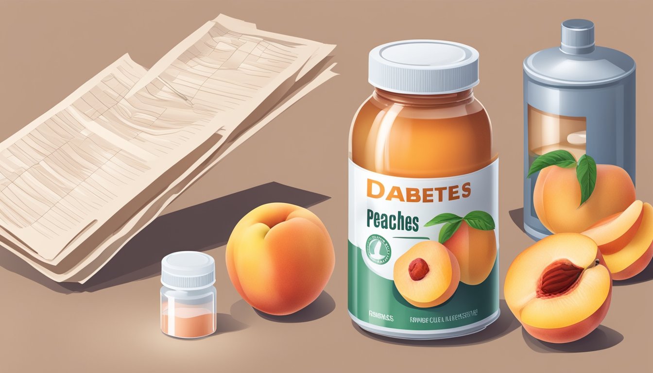 A can of peaches in syrup next to a diabetes medication bottle, with a medical pamphlet on sugar intake