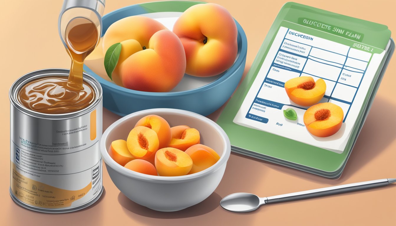 A bowl of canned peaches in syrup next to a diabetic-friendly meal plan with a glucometer and insulin pen in the background