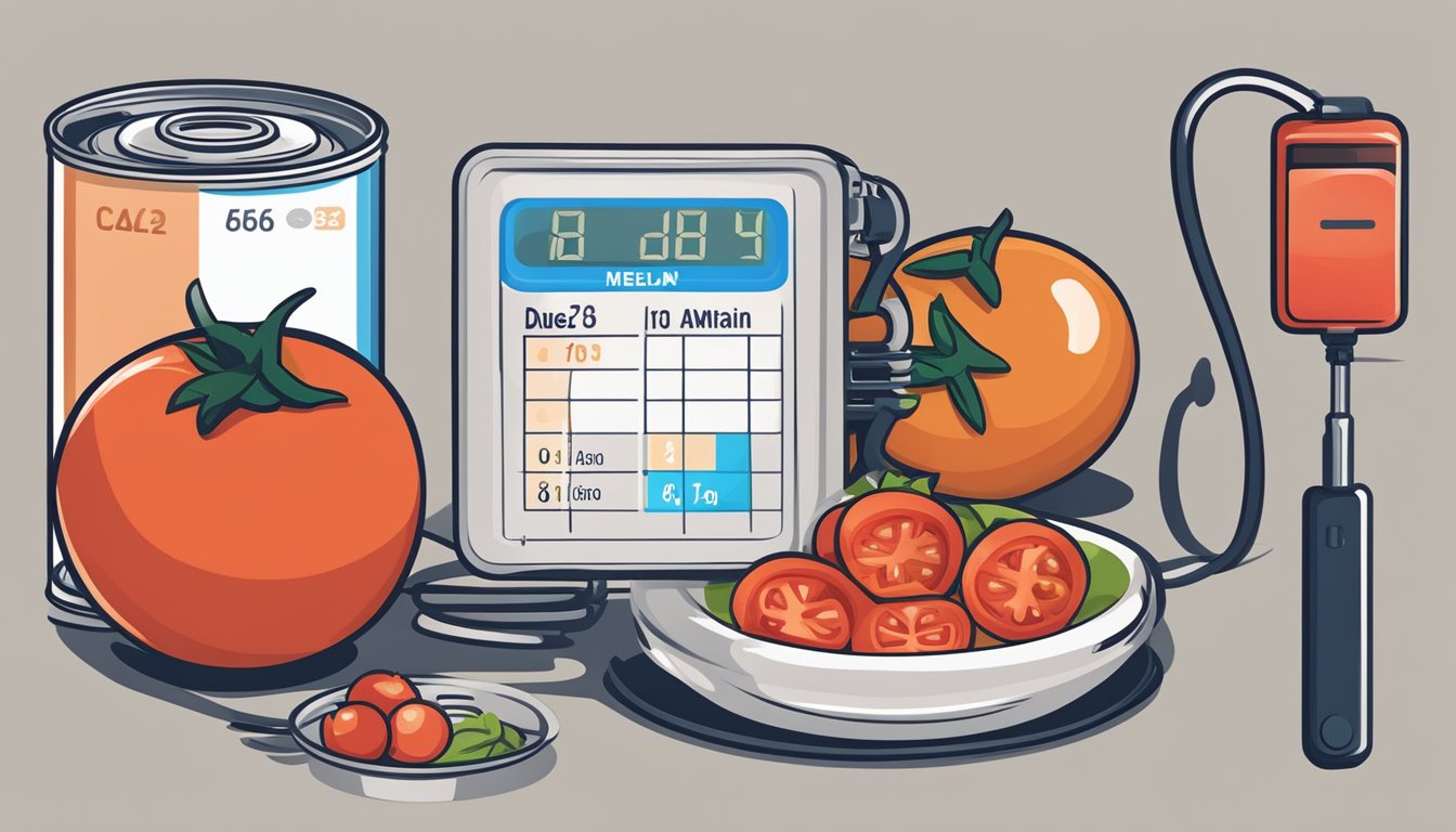 A can of tomatoes with added sodium next to a diabetes-friendly meal plan and a blood glucose monitor