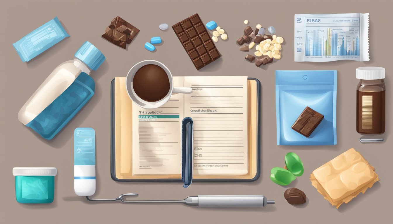 A diabetic person cautiously holding a piece of chocolate, surrounded by a variety of medical supplies and a nutrition label