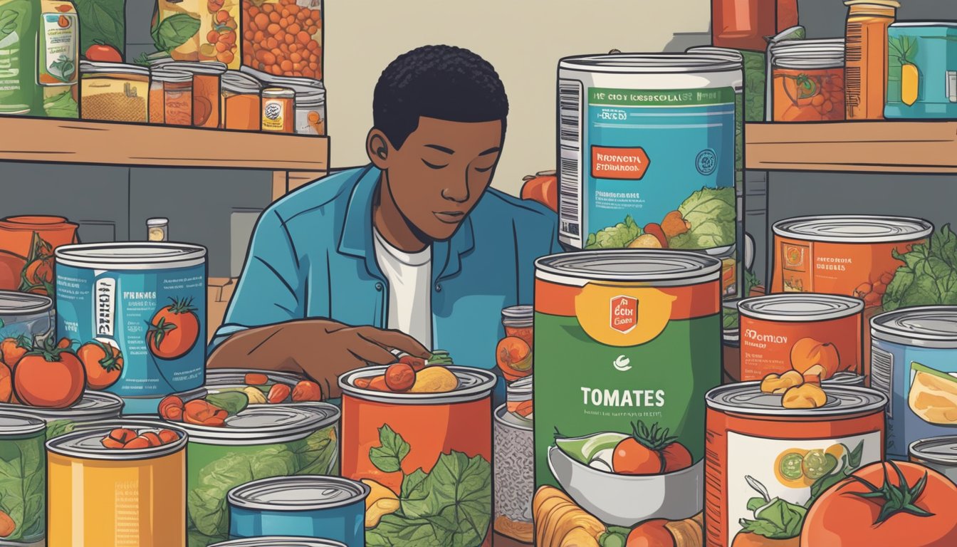 A person reading a can of tomatoes with added sodium, surrounded by various canned food options, with a focus on health-conscious choices