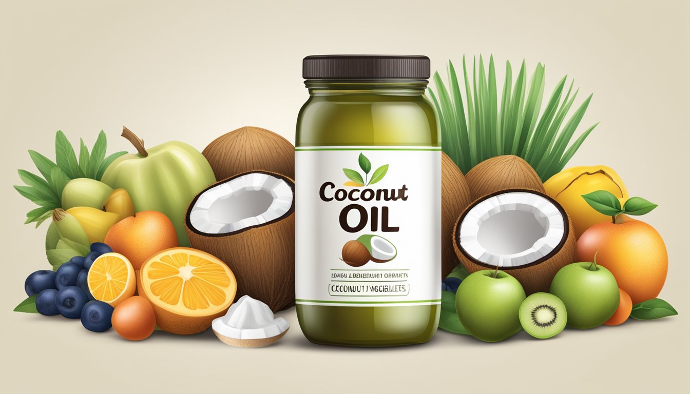 A jar of coconut oil next to a variety of fruits and vegetables, with a diabetic-friendly label