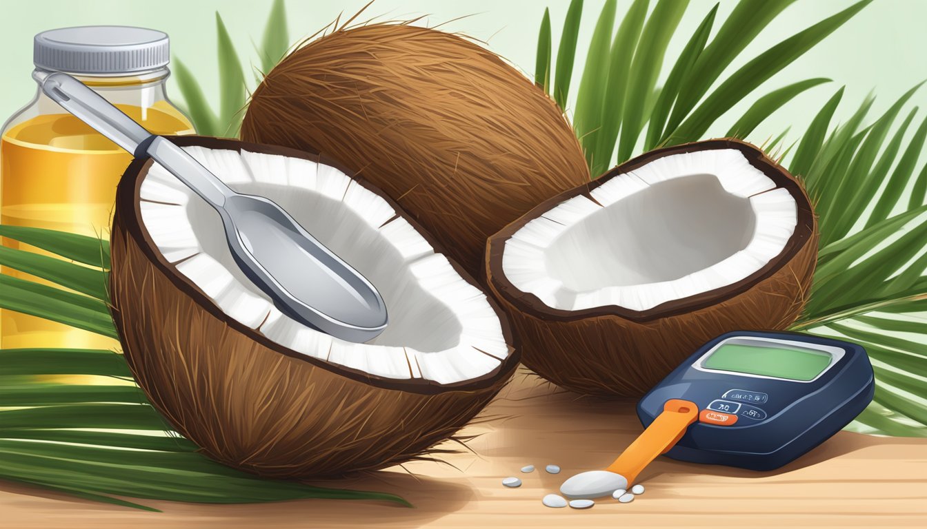 A diabetic cautiously pouring coconut oil into a measuring spoon, with a bottle of insulin and a blood glucose monitor nearby