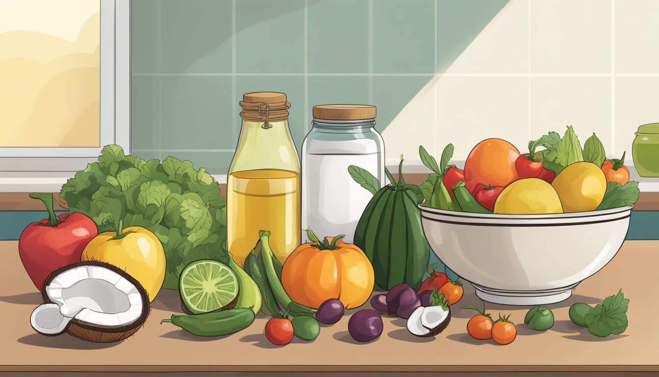 A bowl of mixed fruits and vegetables with a jar of coconut oil next to it on a kitchen counter