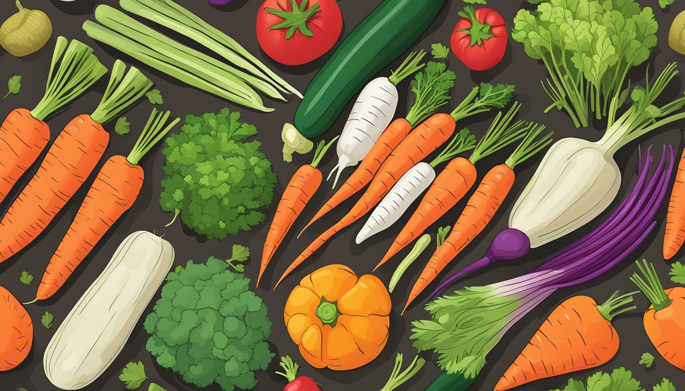 A colorful array of non-starchy vegetables, including carrots, arranged on a cutting board