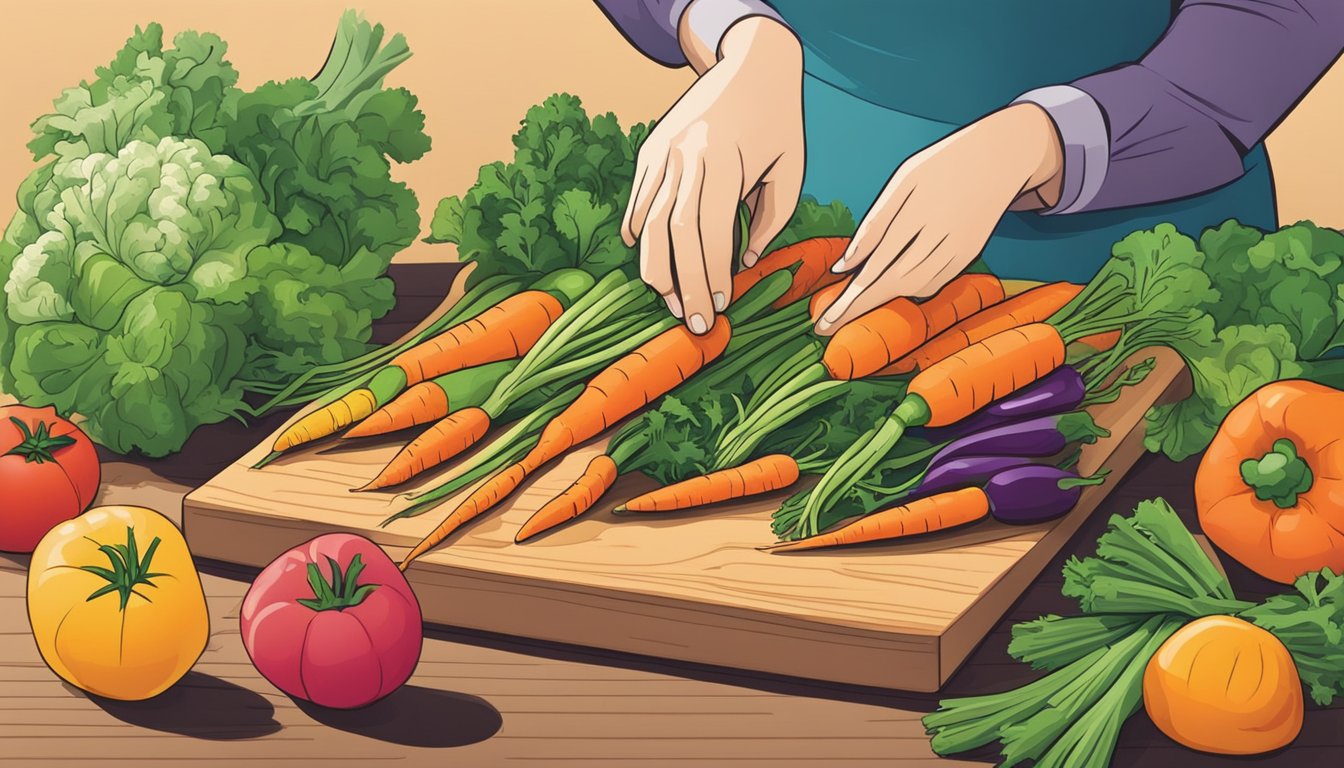 A person placing a variety of colorful vegetables, including carrots, onto a cutting board