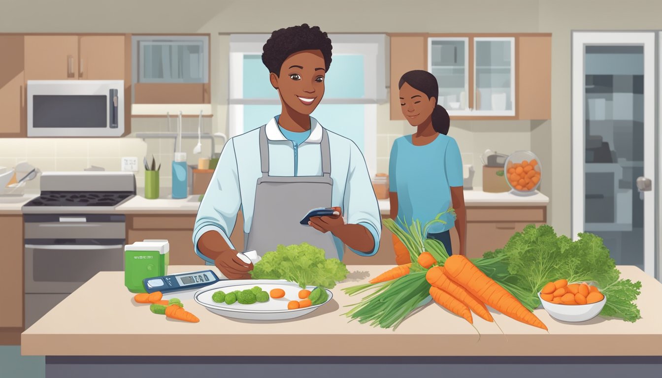 A person with diabetes holding a plate of carrots, a glucometer, and insulin supplies on a kitchen counter