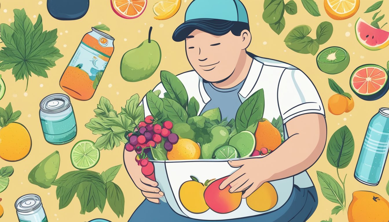 A person with diabetes holding a can of flavored sparkling water, surrounded by various fruit and herb illustrations