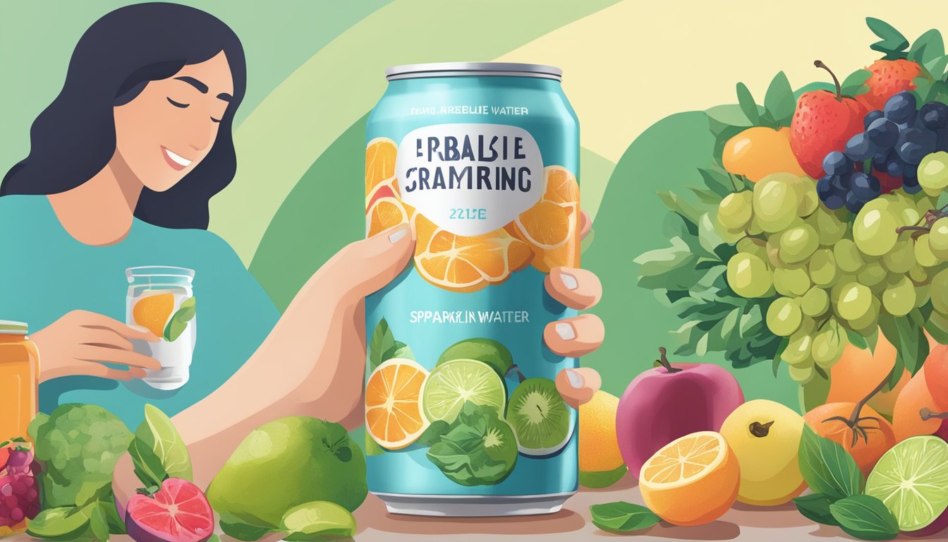 A person holding a can of flavored sparkling water with a diabetes-friendly label, surrounded by various fruit and vegetable illustrations