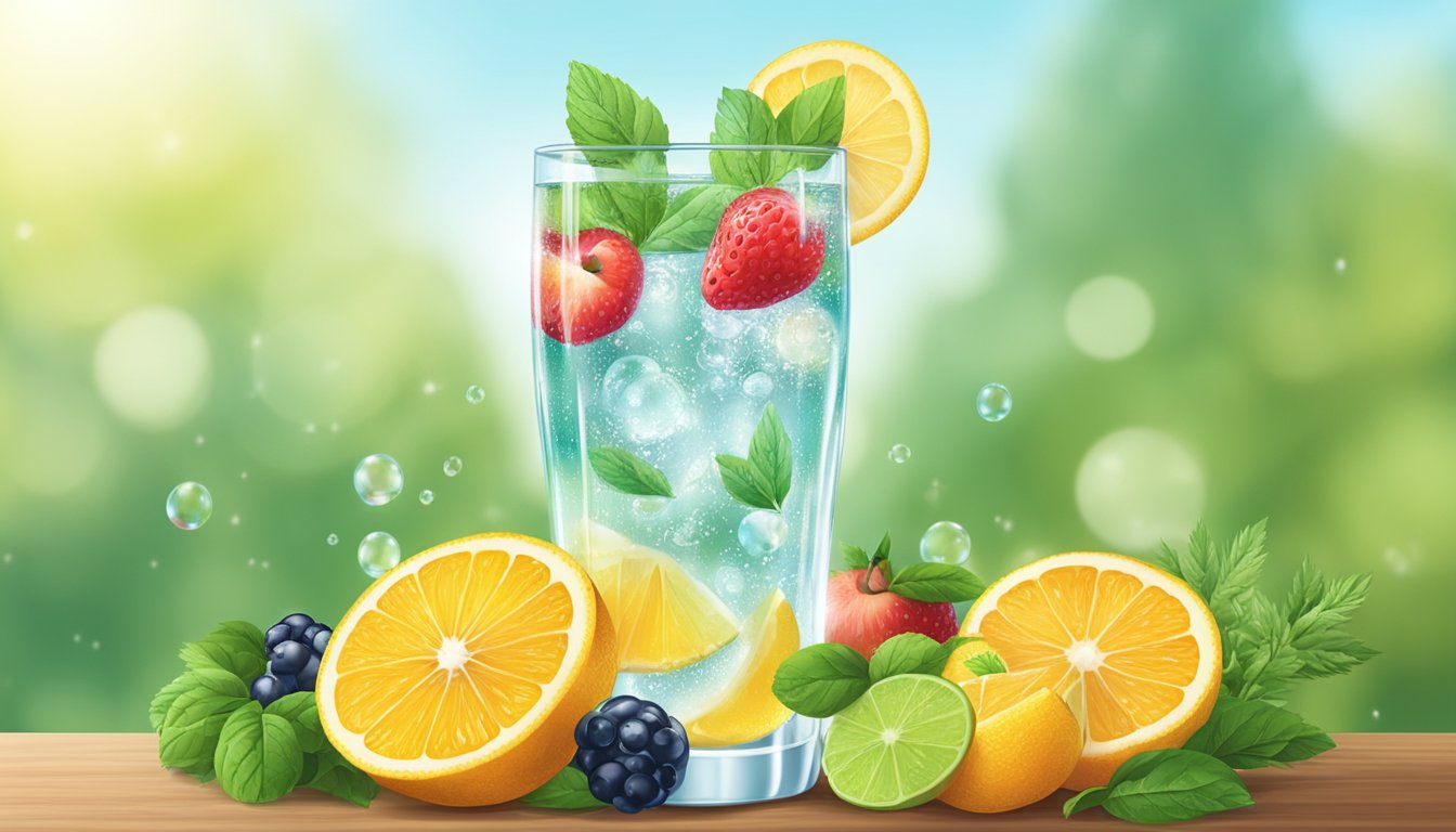 A glass of flavored sparkling water surrounded by fresh fruits and herbs, with bubbles rising to the surface