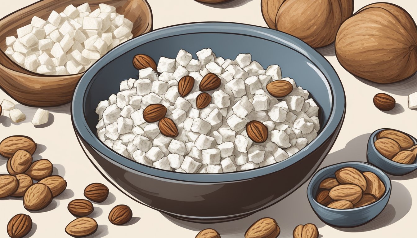 A bowl of cottage cheese surrounded by various nuts and a nutrition label, with a diabetic person looking at it with curiosity