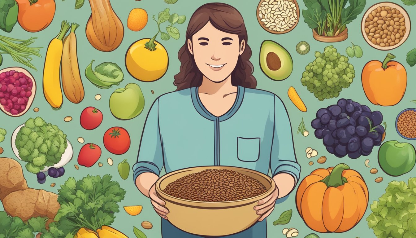 A person with diabetes holding a bowl of flaxseeds, surrounded by various fruits and vegetables