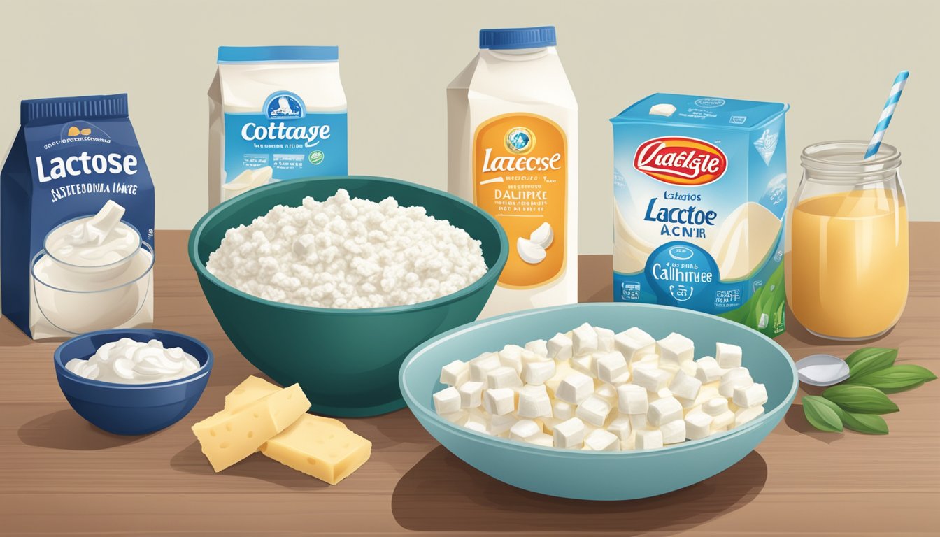 A bowl of cottage cheese next to a carton of lactose-free milk and a variety of dairy alternatives