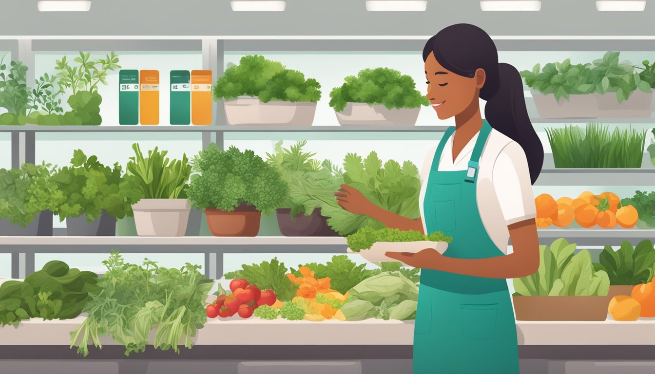 A person with diabetes holding a variety of fresh herbs, with a nutrition label and a healthcare professional in the background